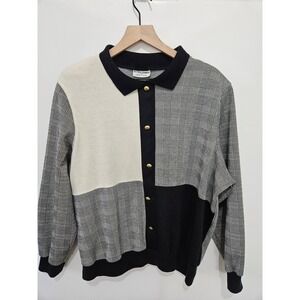 Alfred Dunner Vintage Colorblock Glen Plaid Knit Cardigan Sweater Black White 40